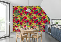 A Kitchen and dining area lush Hummingbird wallpaper with dense green foliage.