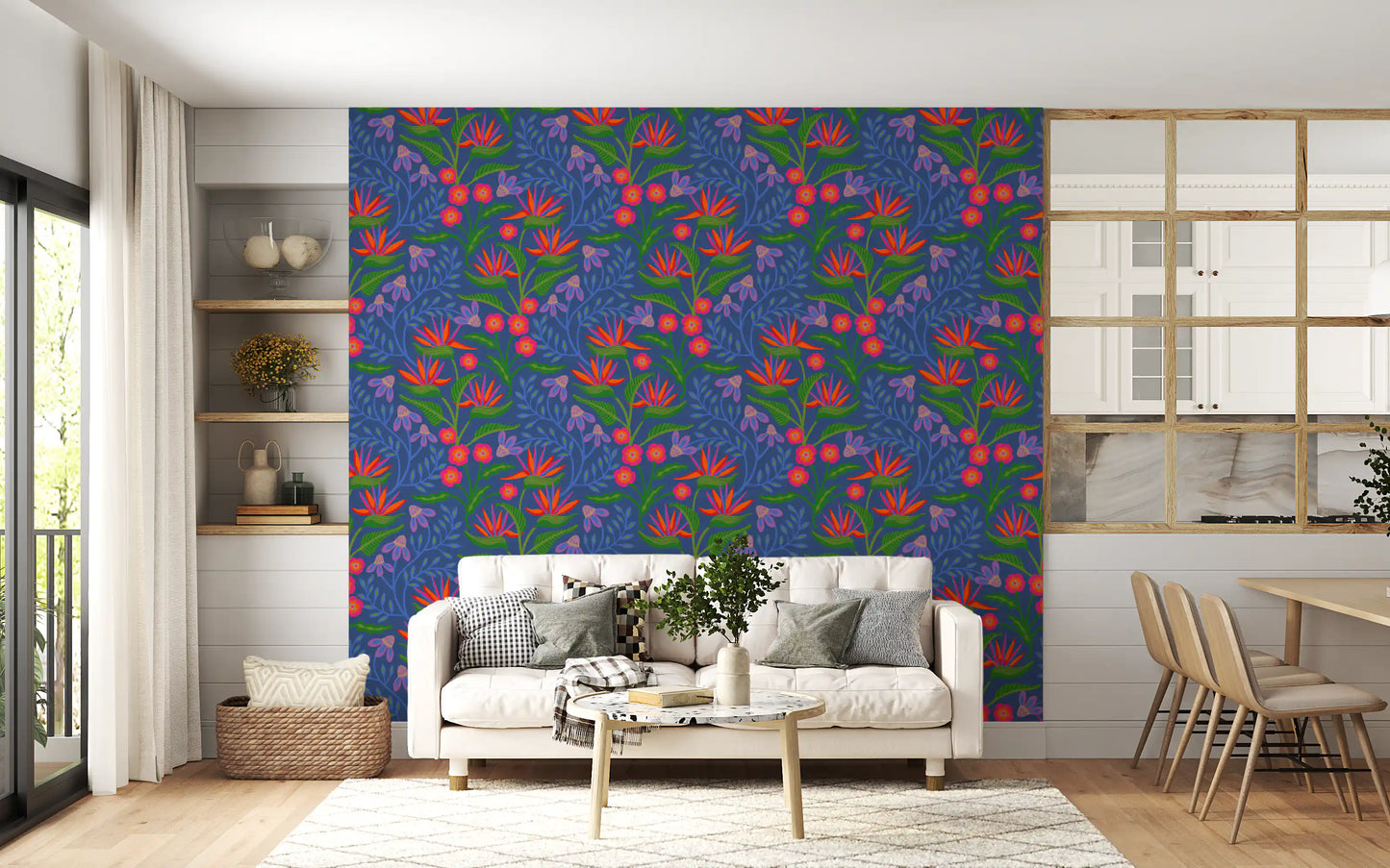 Tropical Tangle Floral Bird of Paradise Fuchsia Pink Blue Wallpaper presents lush leaves.