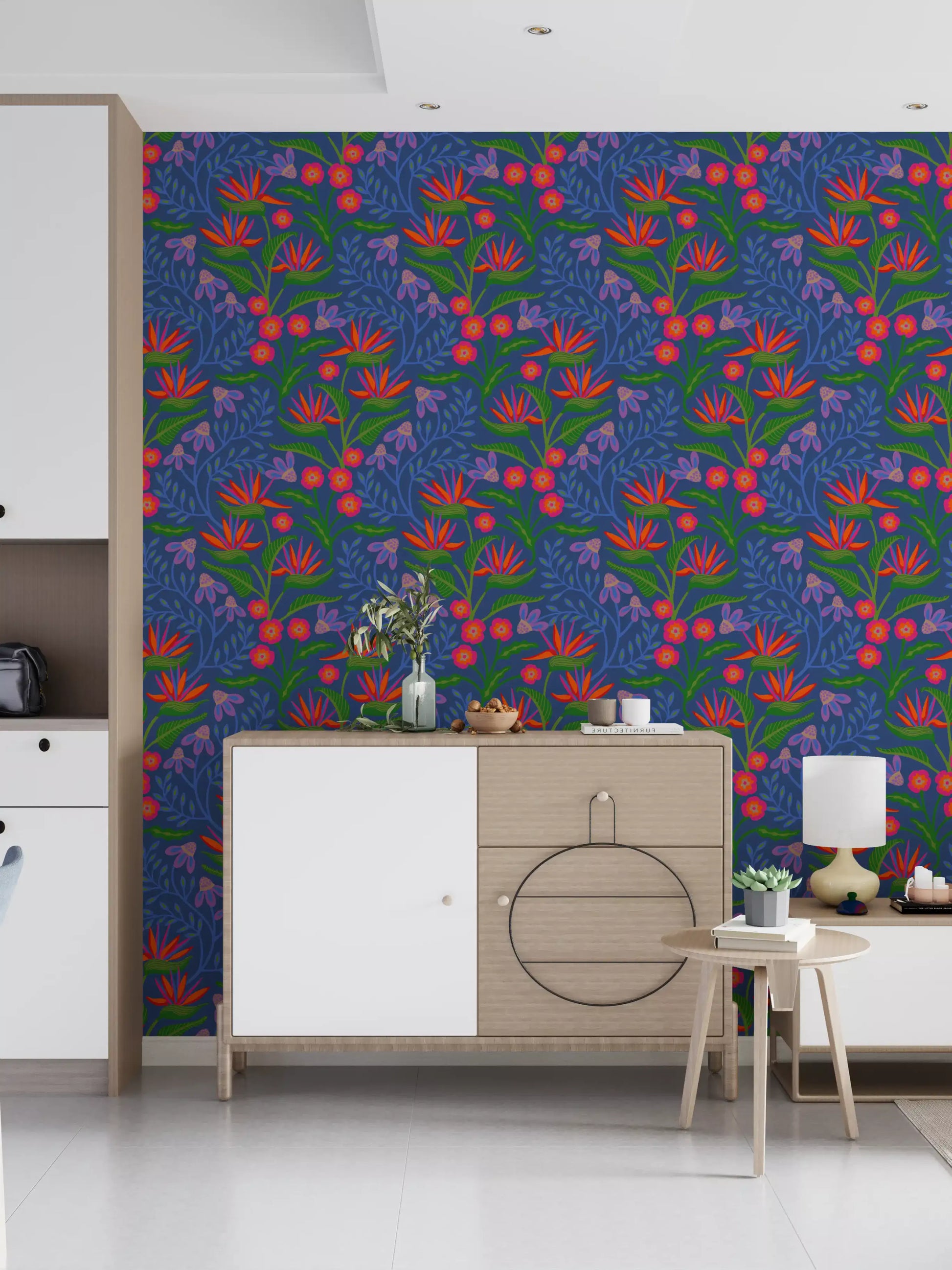 Open kitchen-dining spaces look incredibly lively the bold fuchsia wallpaper.