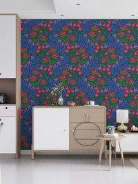 Open kitchen-dining spaces look incredibly lively the bold fuchsia wallpaper.