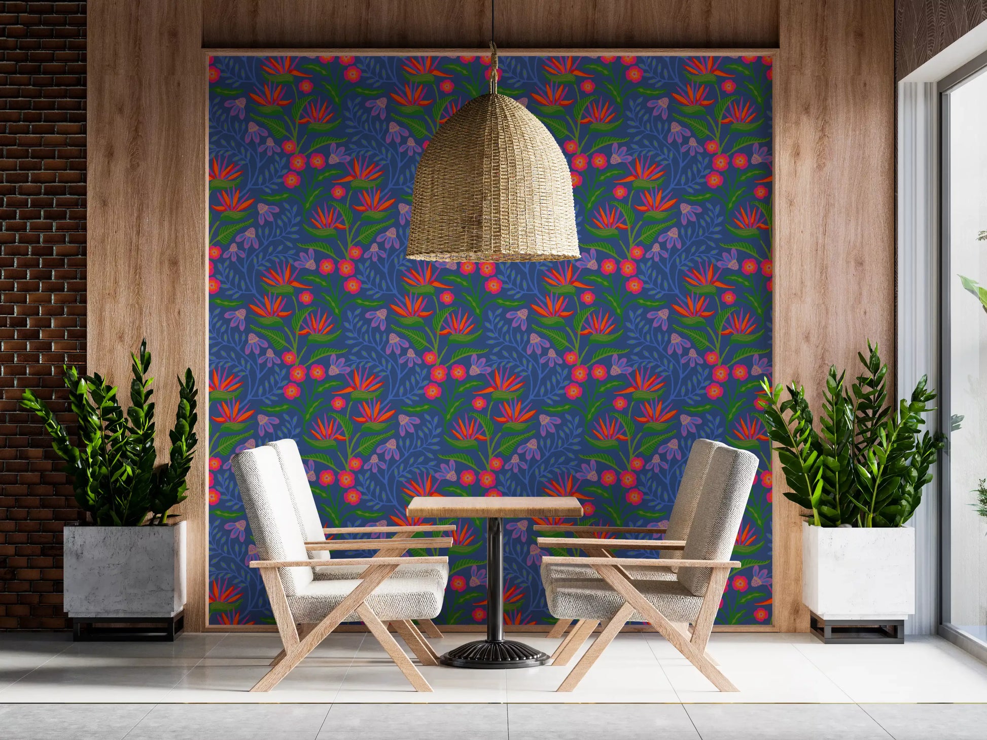 Vibrant orange accents define the Tropical Tangle Floral Bird of Paradise Pink Wallpaper.