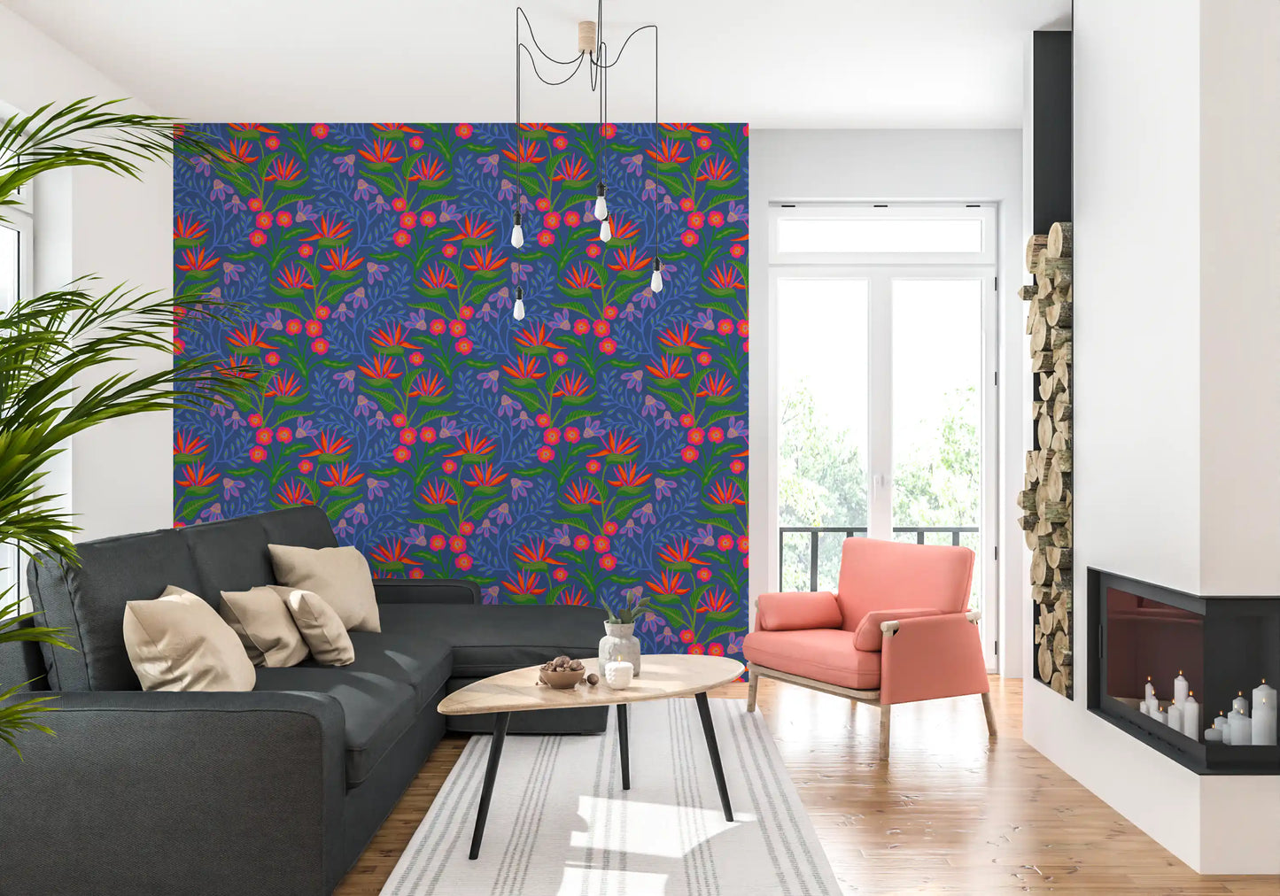 Relaxing lounge areas benefit from this vibrant tropical wallpaper and wooden armchairs.