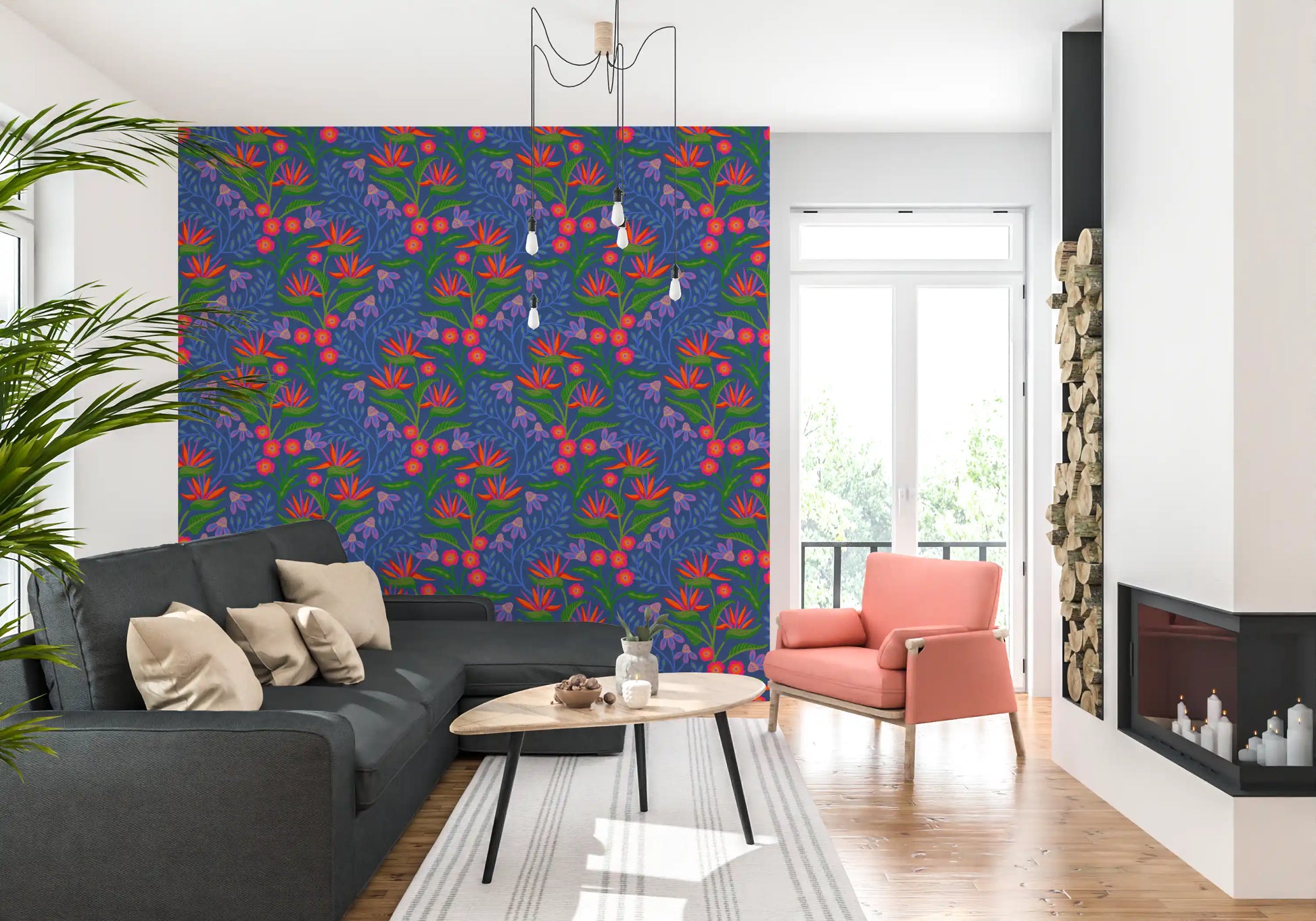 Relaxing lounge areas benefit from this vibrant tropical wallpaper and wooden armchairs.
