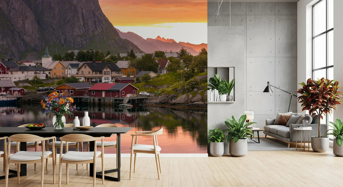 Relaxing hues glow throughout a modern Dining room a Sunset wall mural.