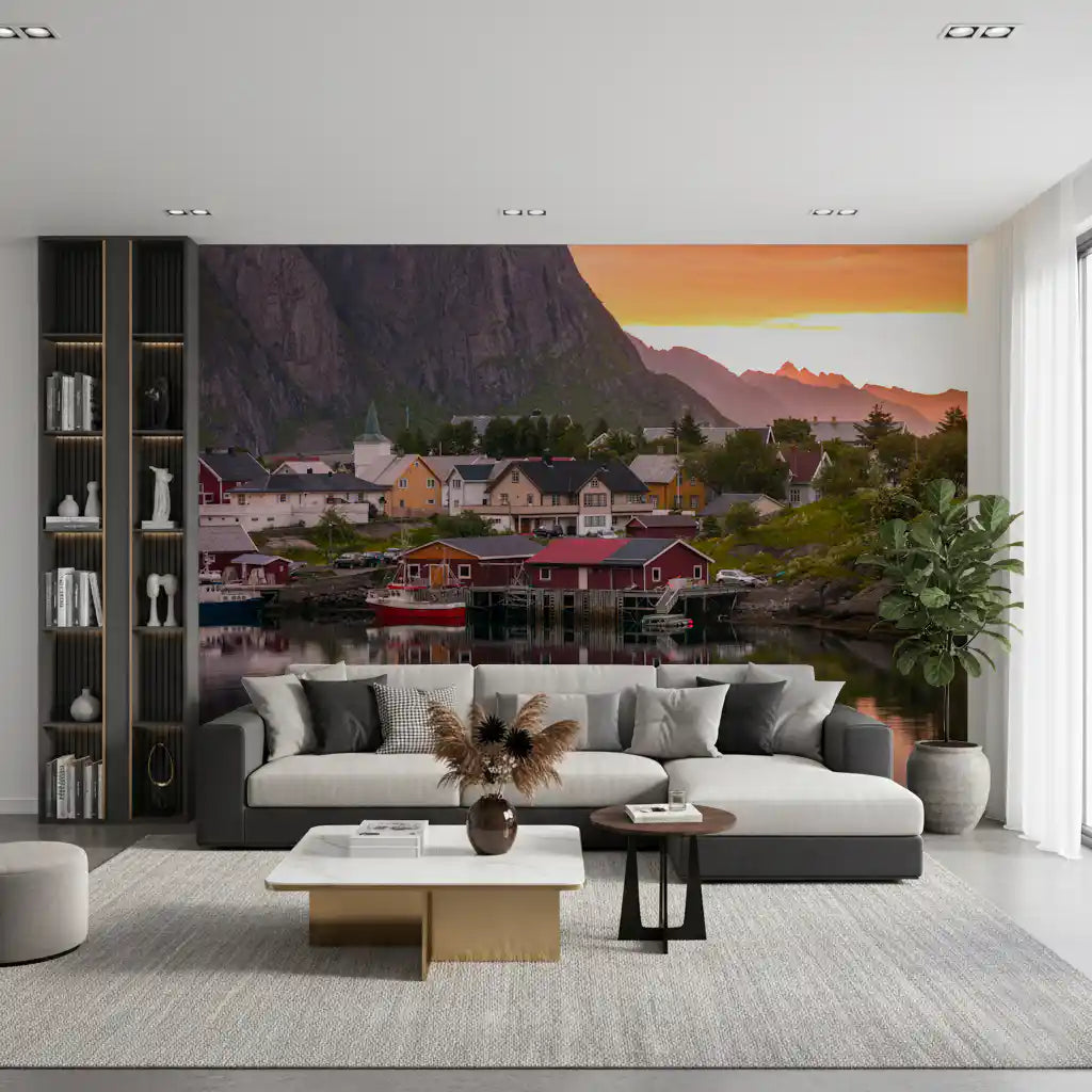 Vibrant orange and yellow skies define this spectacular Sunset wall mural scenery.