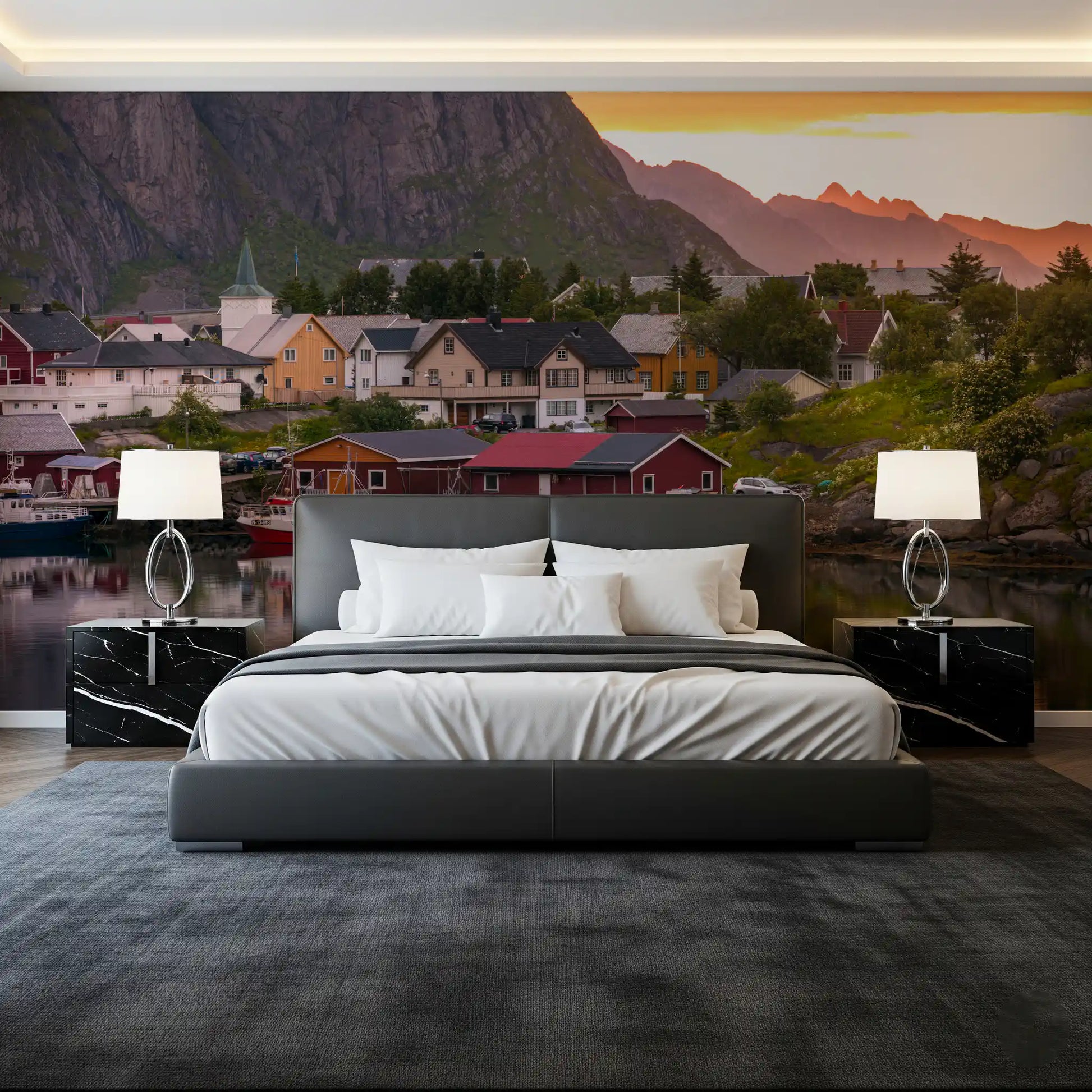 view of the Lofoten Village Sunset & Fjord Wall Mural displaying ocean waters.