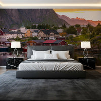view of the Lofoten Village Sunset & Fjord Wall Mural displaying ocean waters.