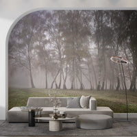 Misty Birch Grove scenery formatted as a wall mural surrounds the dark Lounge area .