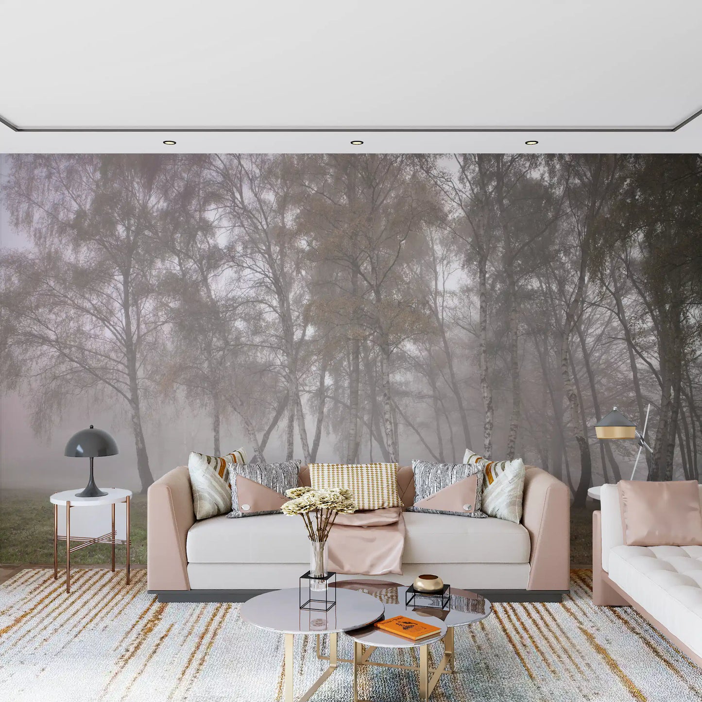 Foggy Birch details from a nature wall mural dominate the main living room