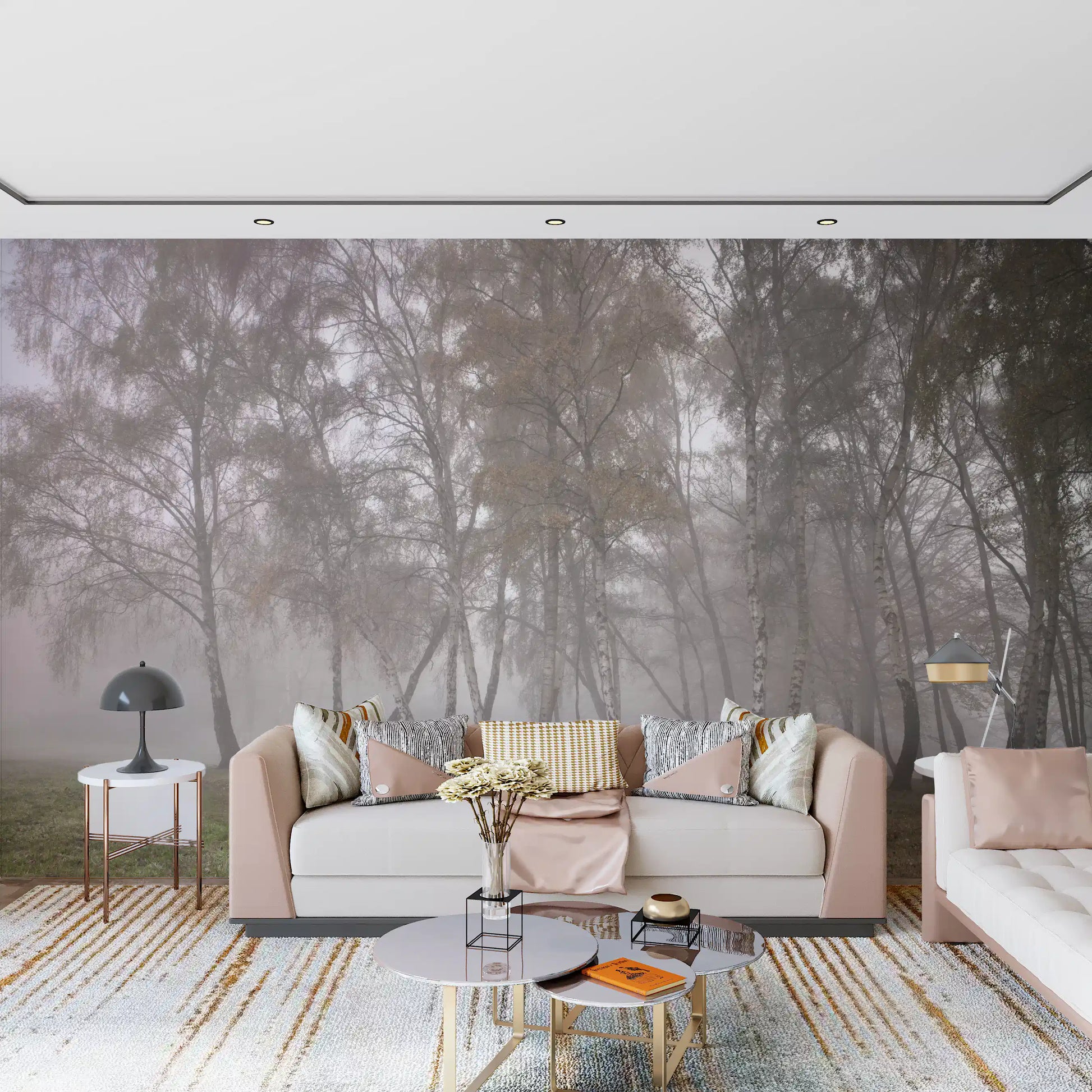 Foggy Birch details from a nature wall mural dominate the main living room