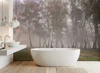 The bathroom interior this Misty Birch Grove landscape wall mural.