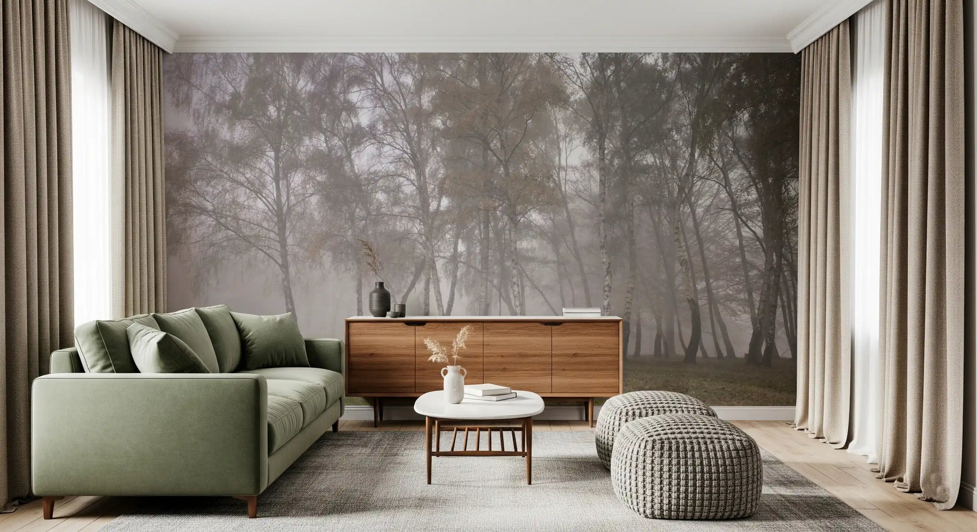 Pale white trunks the Misty Birch Grove scenery upon this smooth wall mural.