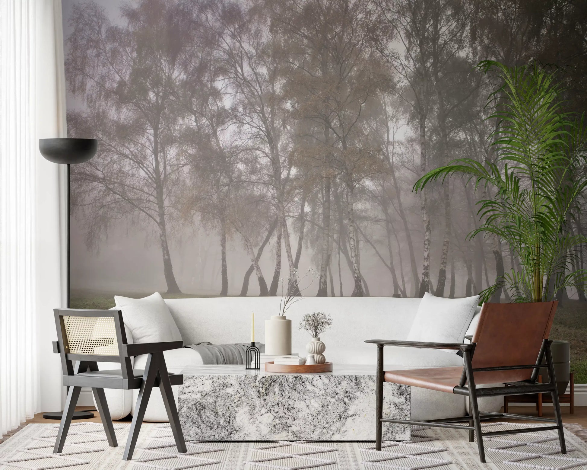 Quiet Living room benefit visually when wrapped in the Misty wall mural motif.