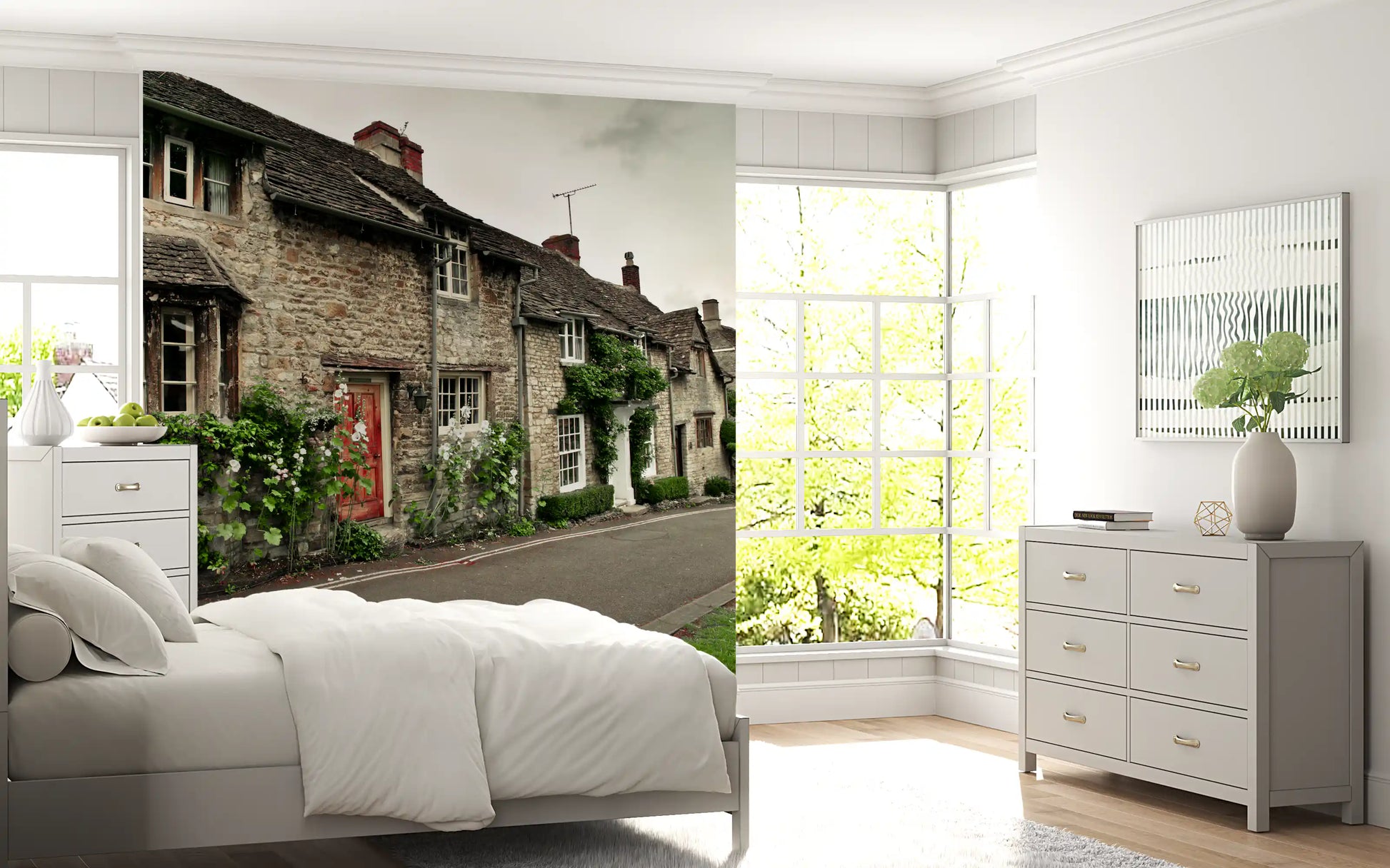 Bedroom spaces reflect the rustic timeless stone building street wall mural scene.