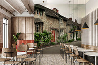 Café shadows stretch across the Timeless English Cottages wall mural pathway.