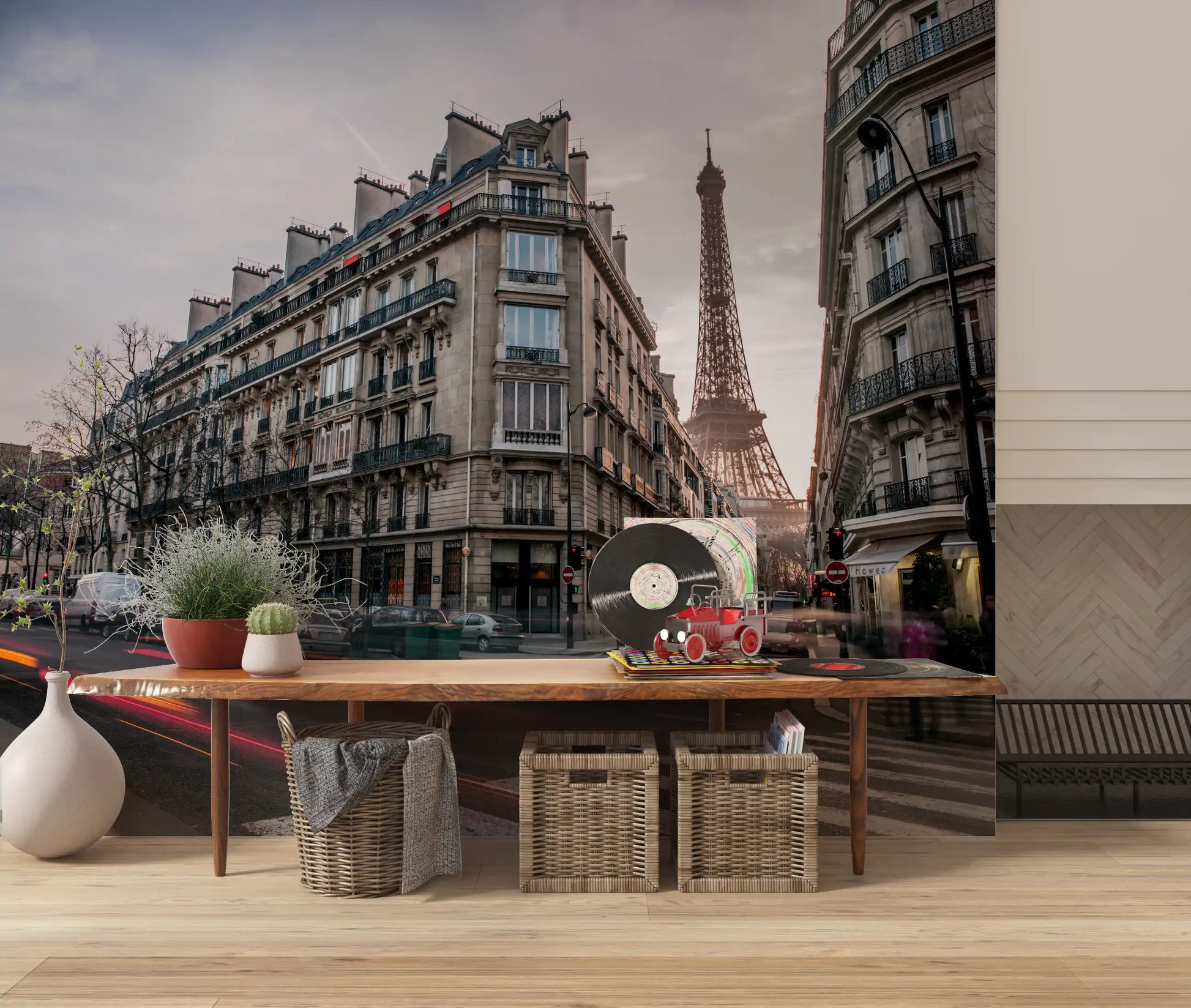 Red vehicle light streaks cutting across the Parisian Evening wall mural surface.