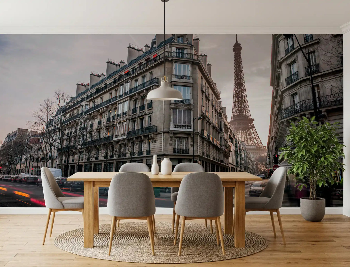 Dining room illuminated by streetlights from the Parisian Evening wall mural.