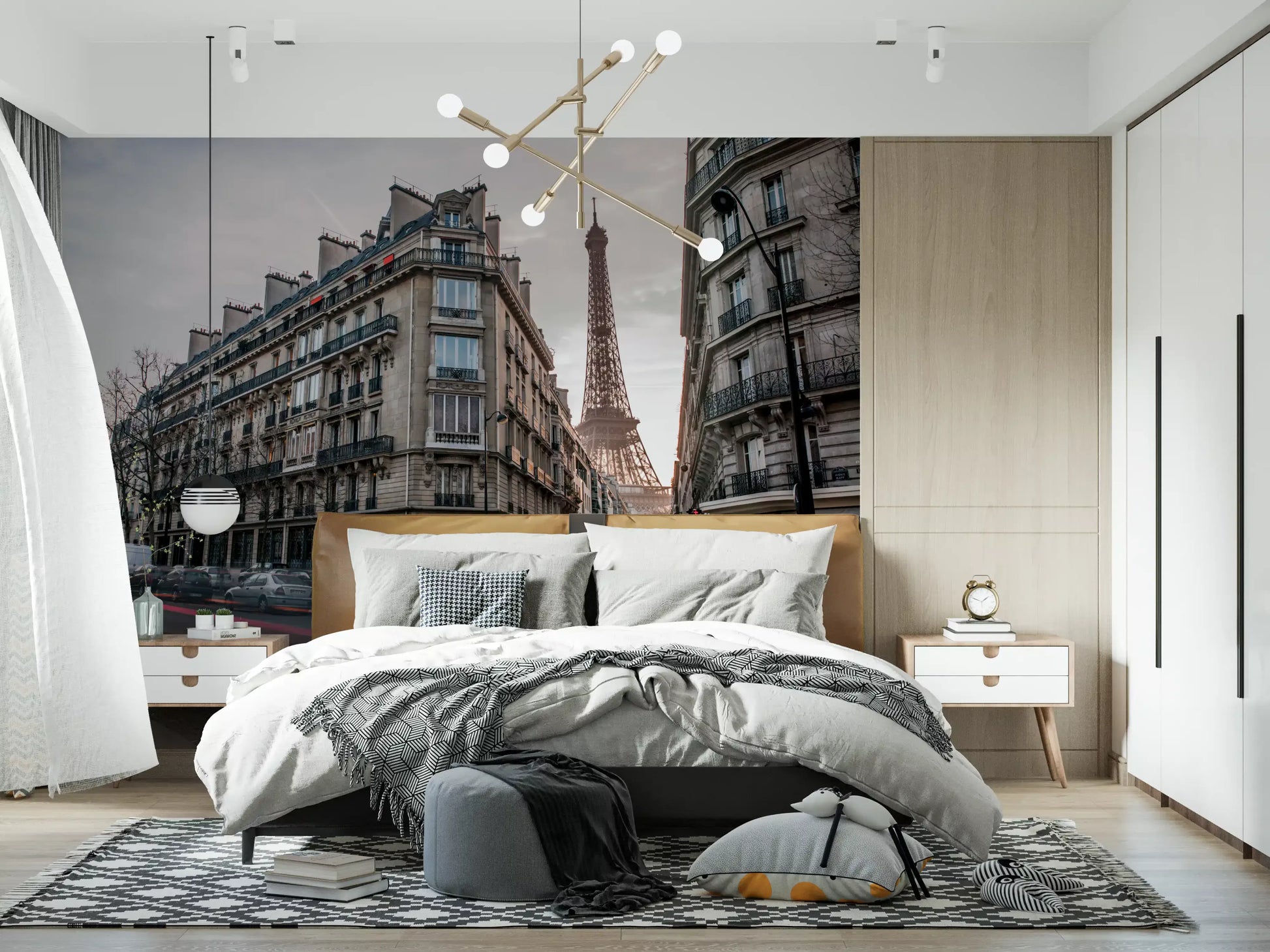 Long traffic trails in the Parisian wall mural updating a Bedroom.
