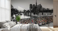 A Bedroom area shows the Parisian Love Locks Notre Dame's Shadow wall mural.