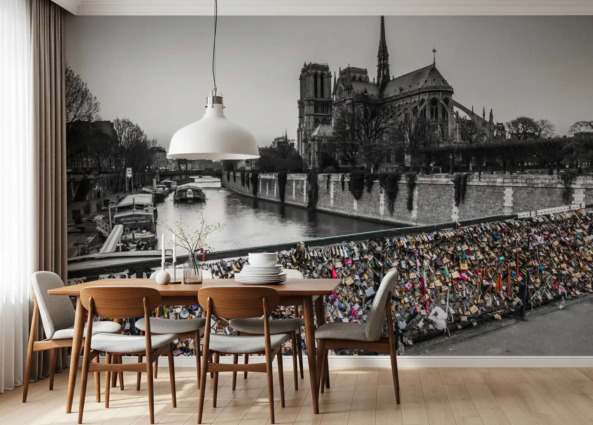 A quiet Dining room includes the Parisian Love Locks Notre Dame's Shadow wall mural.