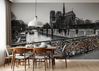 A quiet Dining room includes the Parisian Love Locks Notre Dame's Shadow wall mural.
