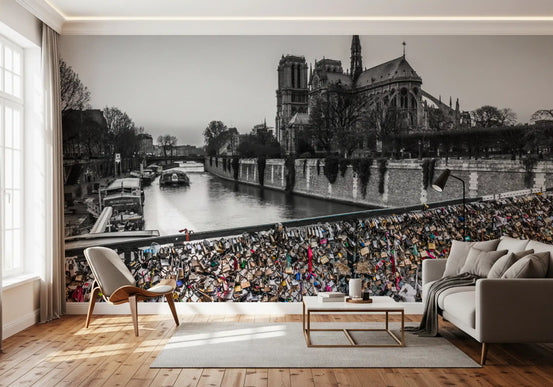 A Living room features the Parisian Love Locks Notre Dame's Shadow wall mural.