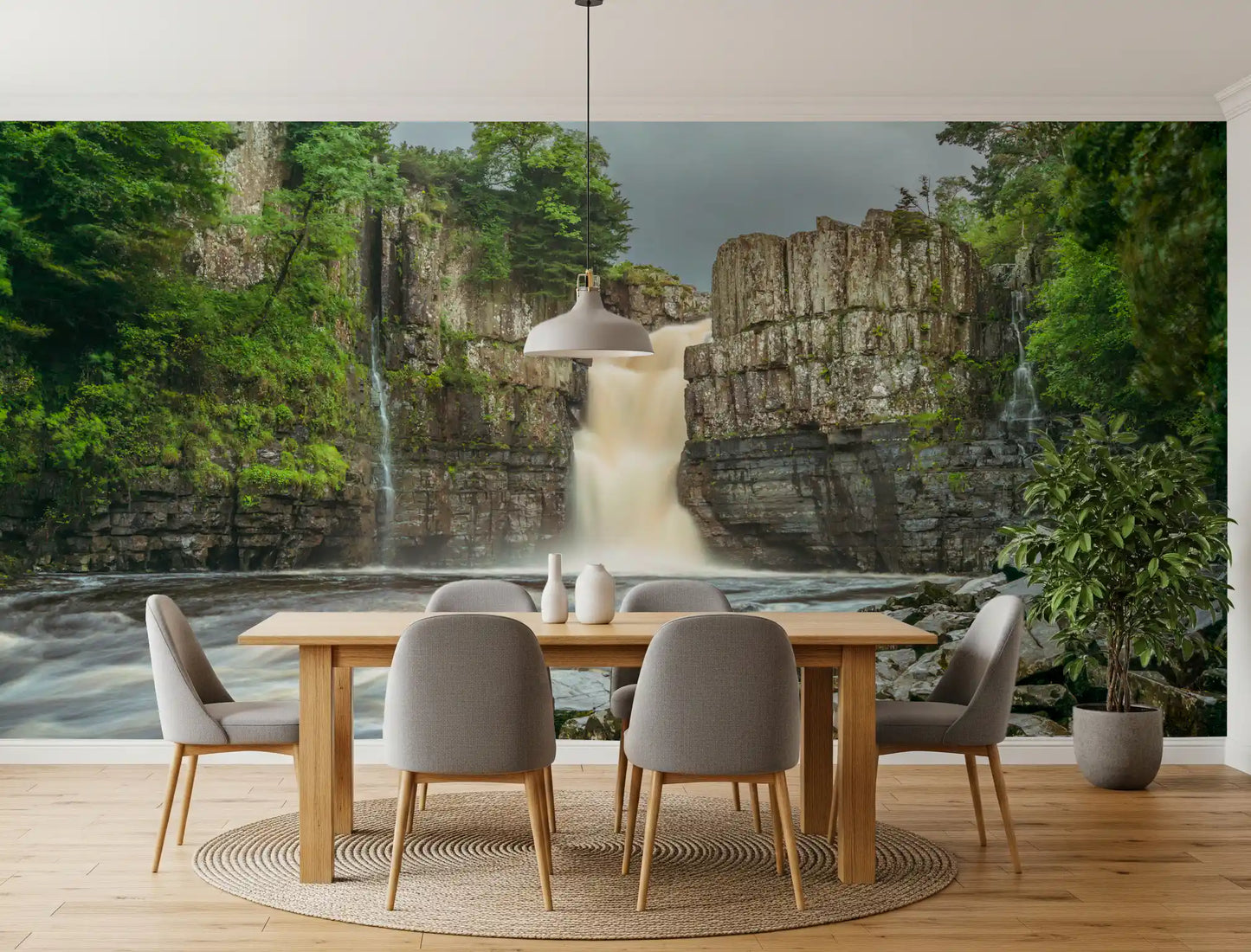 Grey cliffs support green foliage on the Emerald Falls Serenity Wall Mural.