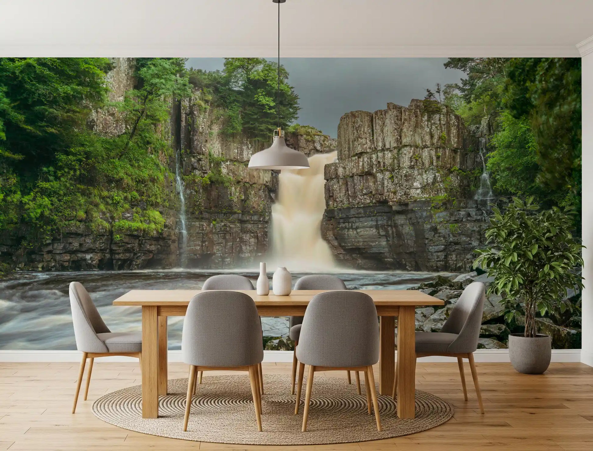 Grey cliffs support green foliage on the Emerald Falls Serenity Wall Mural.
