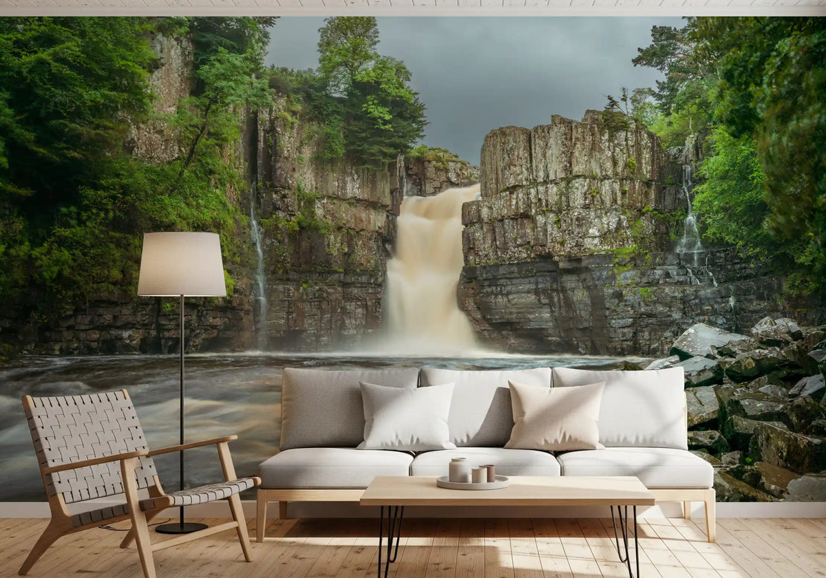 Emerald Falls Serenity Wall Mural creates a lush in a modern living room.