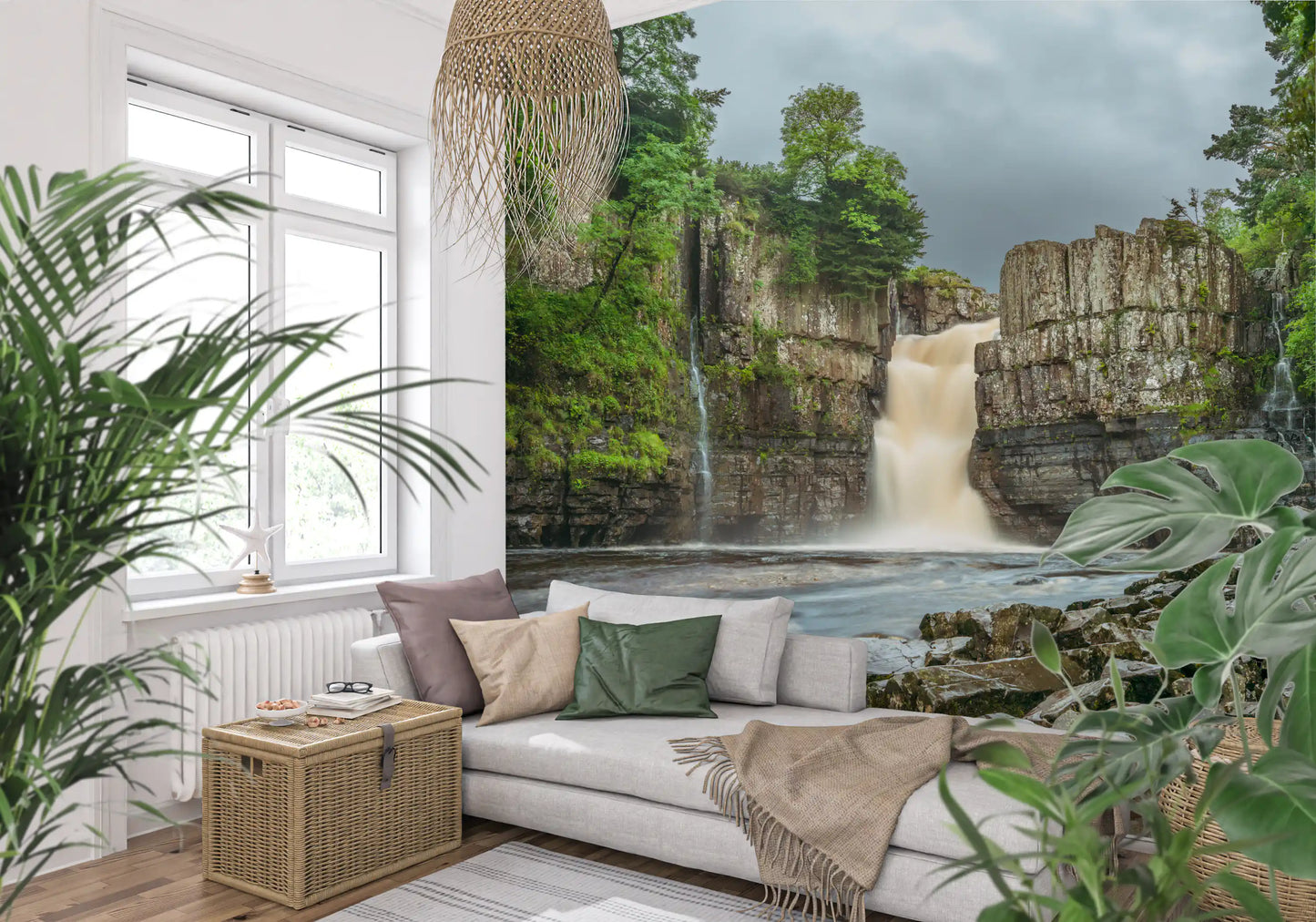 Natural daylight fills a Living room the beautiful Emerald wall mural.