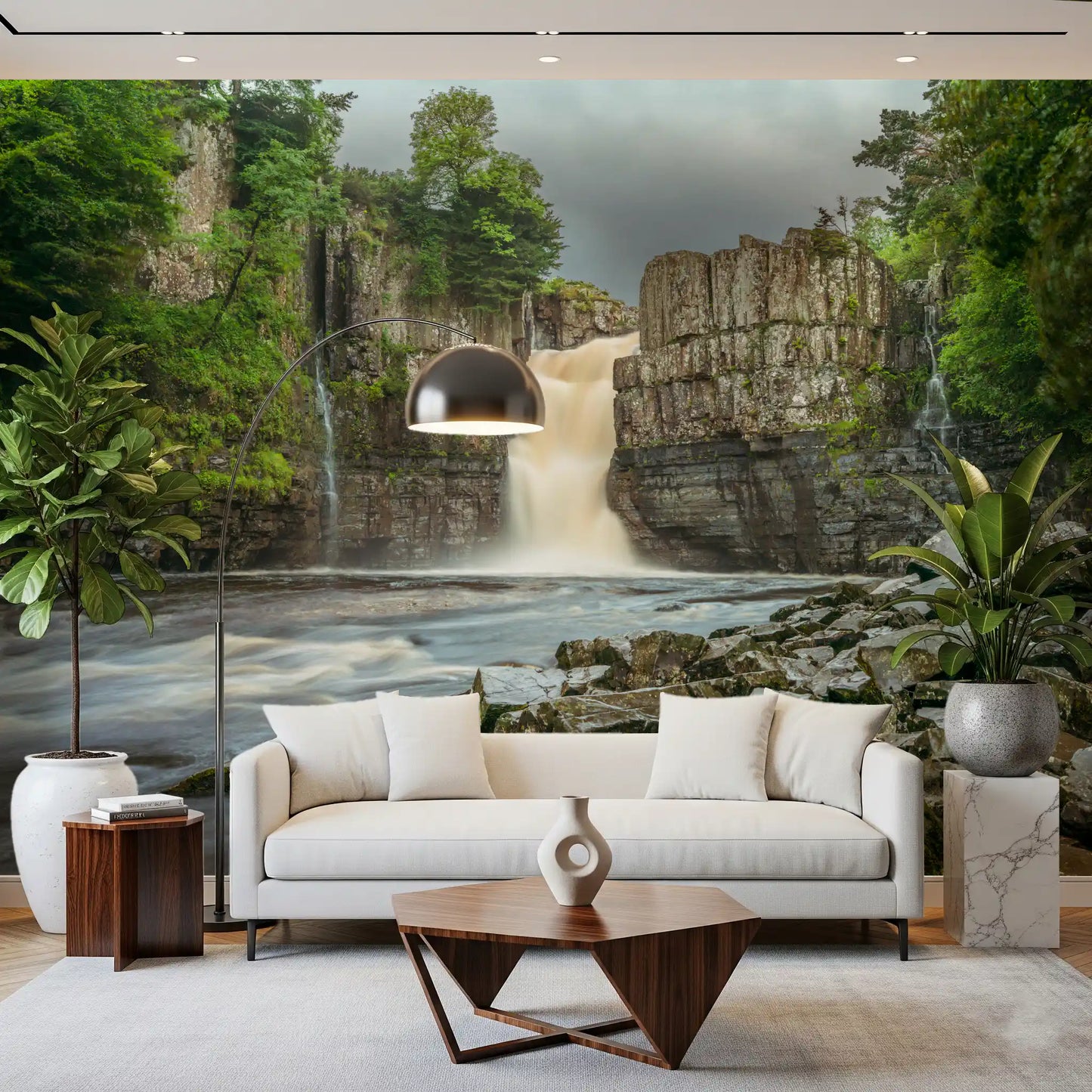 The Emerald Falls Serenity Wall Mural finishes this Living room.