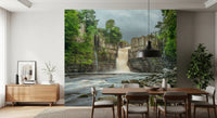 Natural earthen tones of an Emerald wall mural warm up an open dining area.