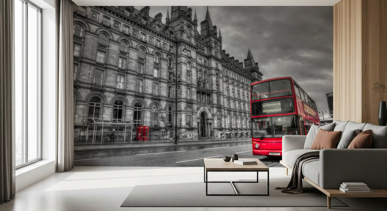 Urban Contrast: Historic Grandeur, Bold Red Wall Mural