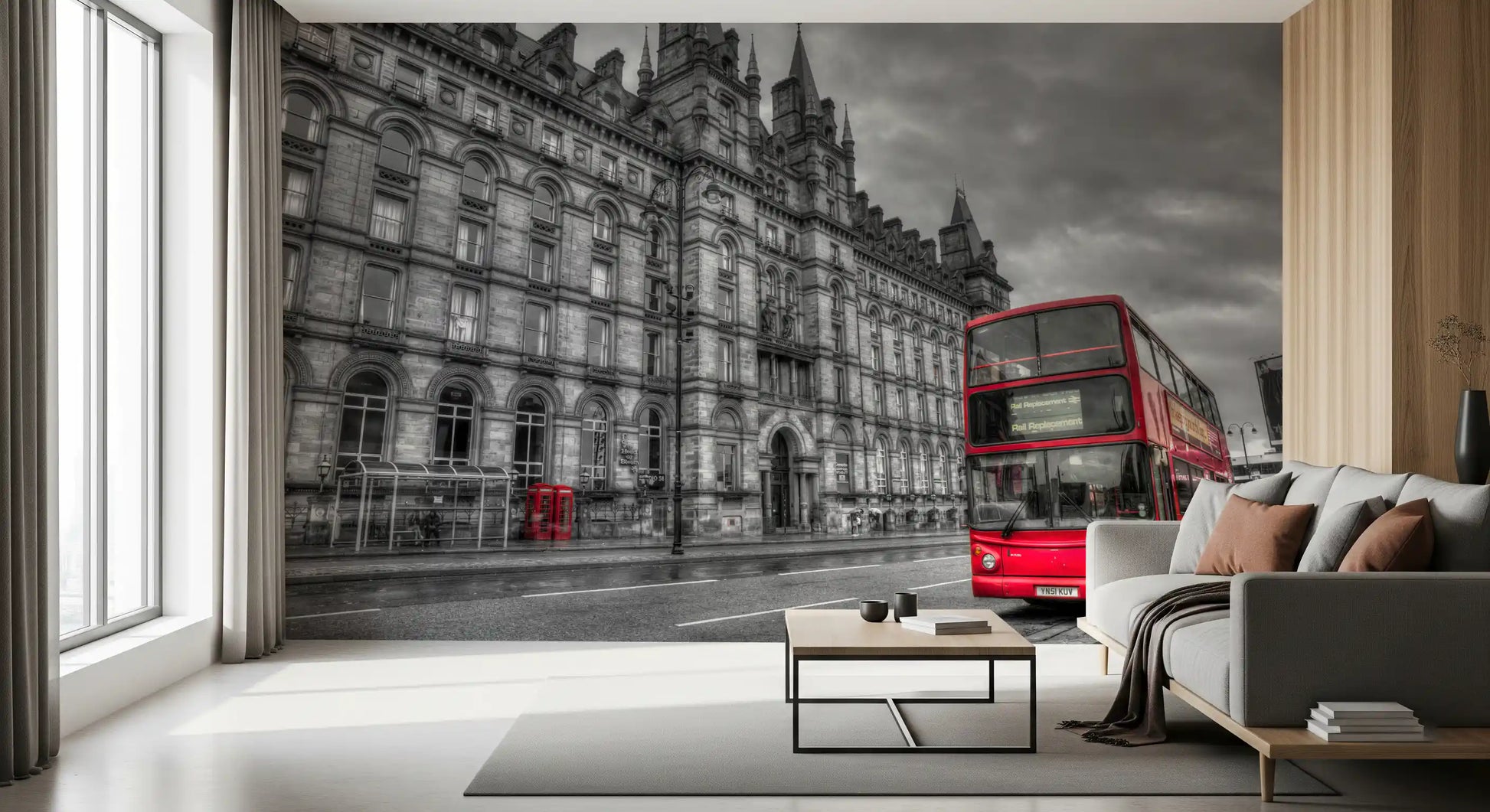 Urban Contrast Historic Grandeur, Bold Red wall mural inside a modern lounge area.