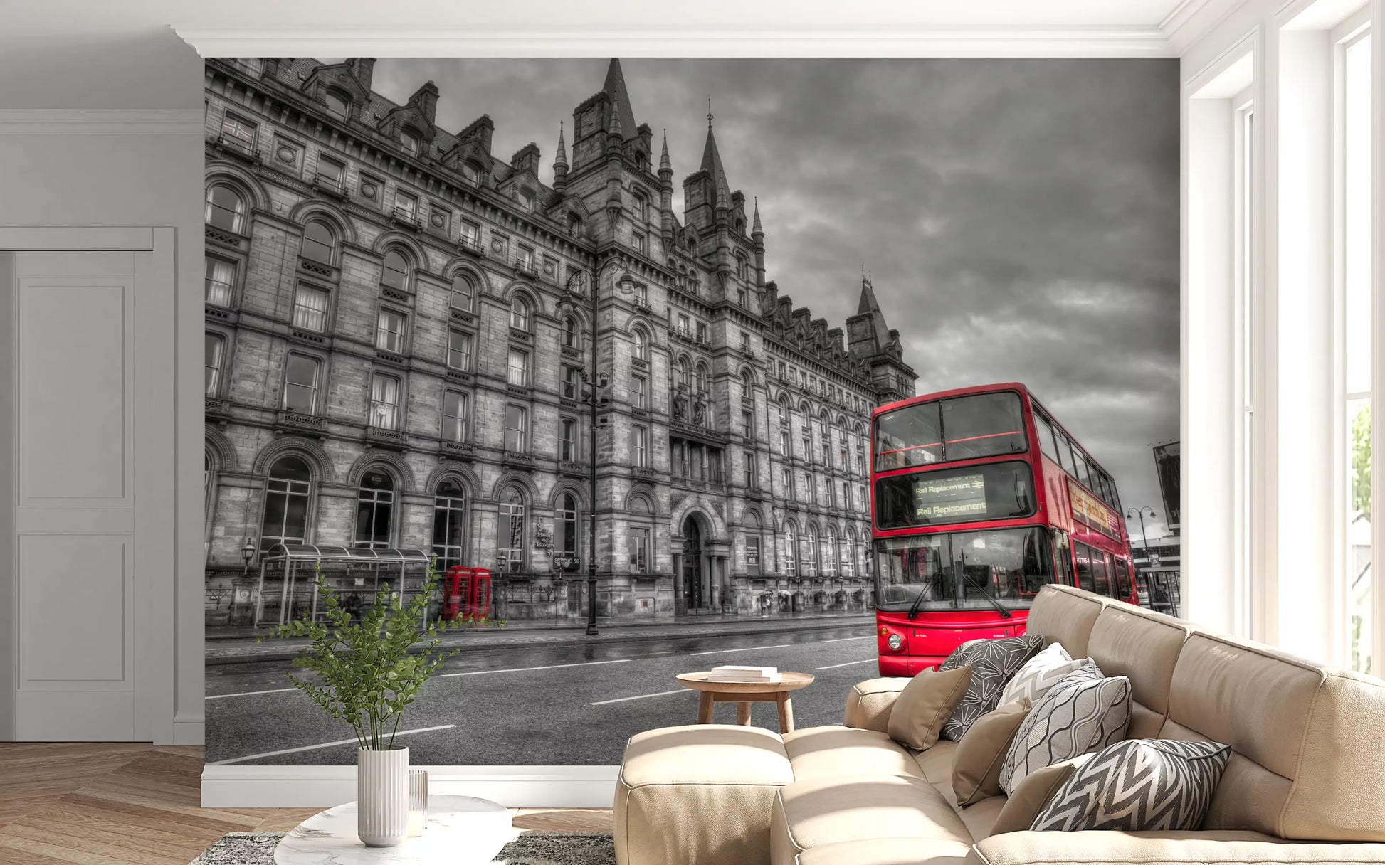 Cloudy skies loom over the Urban Grandeur, Bold Red wall mural.