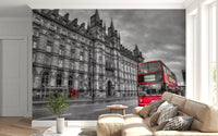 Cloudy skies loom over the Urban Grandeur, Bold Red wall mural.