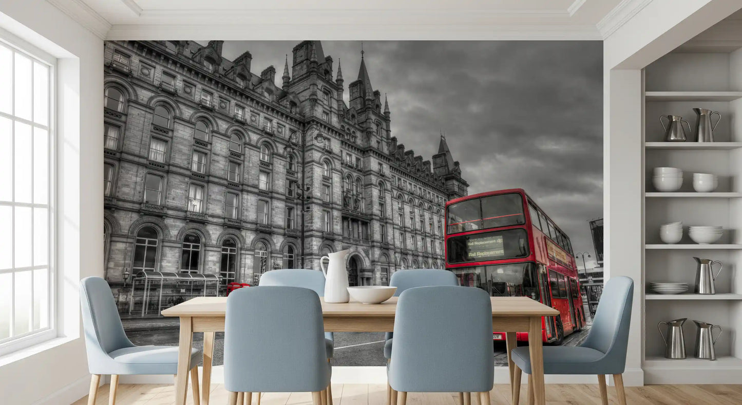 This Dining room area benefits from an engaging Urban wall mural installation.