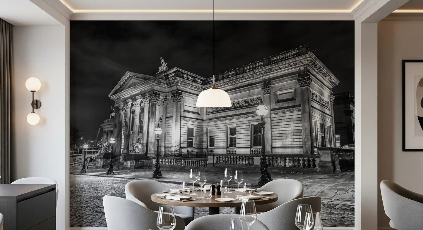 Dining room areas feature the Classical wall mural behind white sofas.