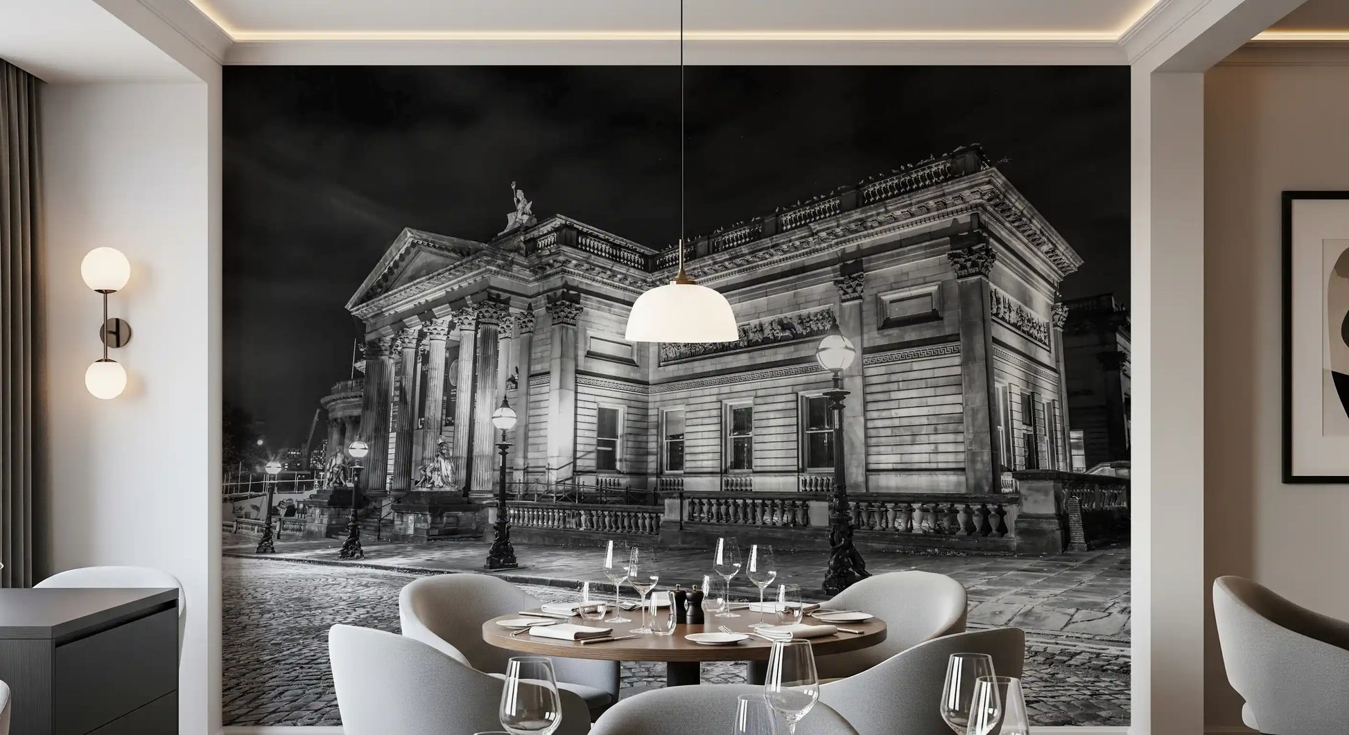 Dining room areas feature the Classical wall mural behind white sofas.