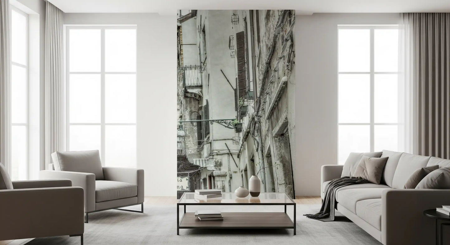 Living room area finished with the Italian passage Alley Whisper wall mural.