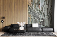 Living room interior featuring the quiet Venetian wall mural.