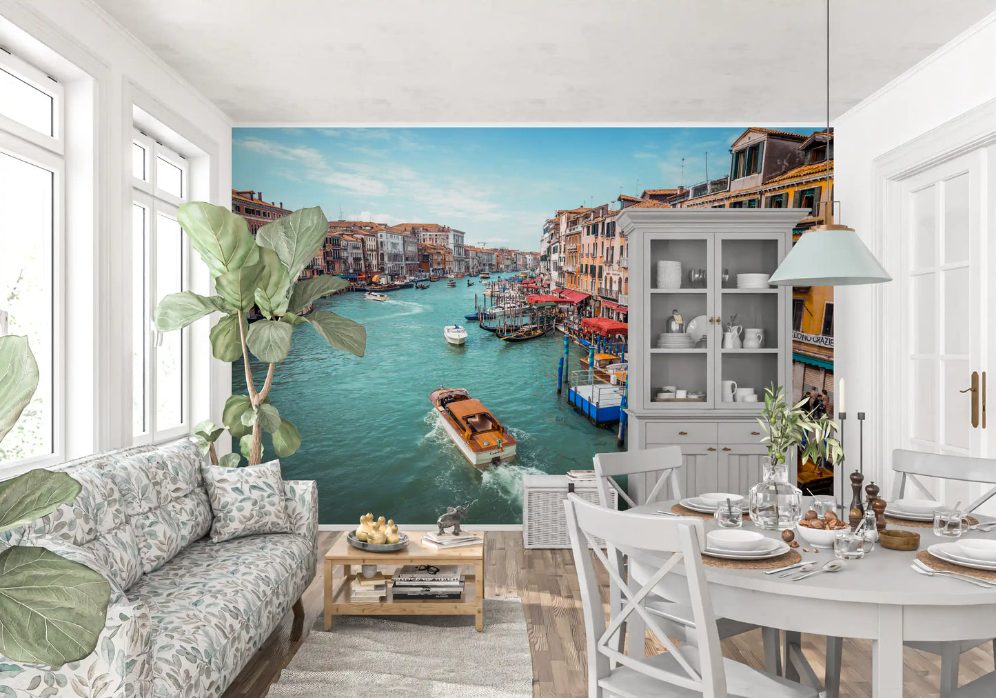 This Canal wall mural adds Italian charm to the quiet primary Dining room .