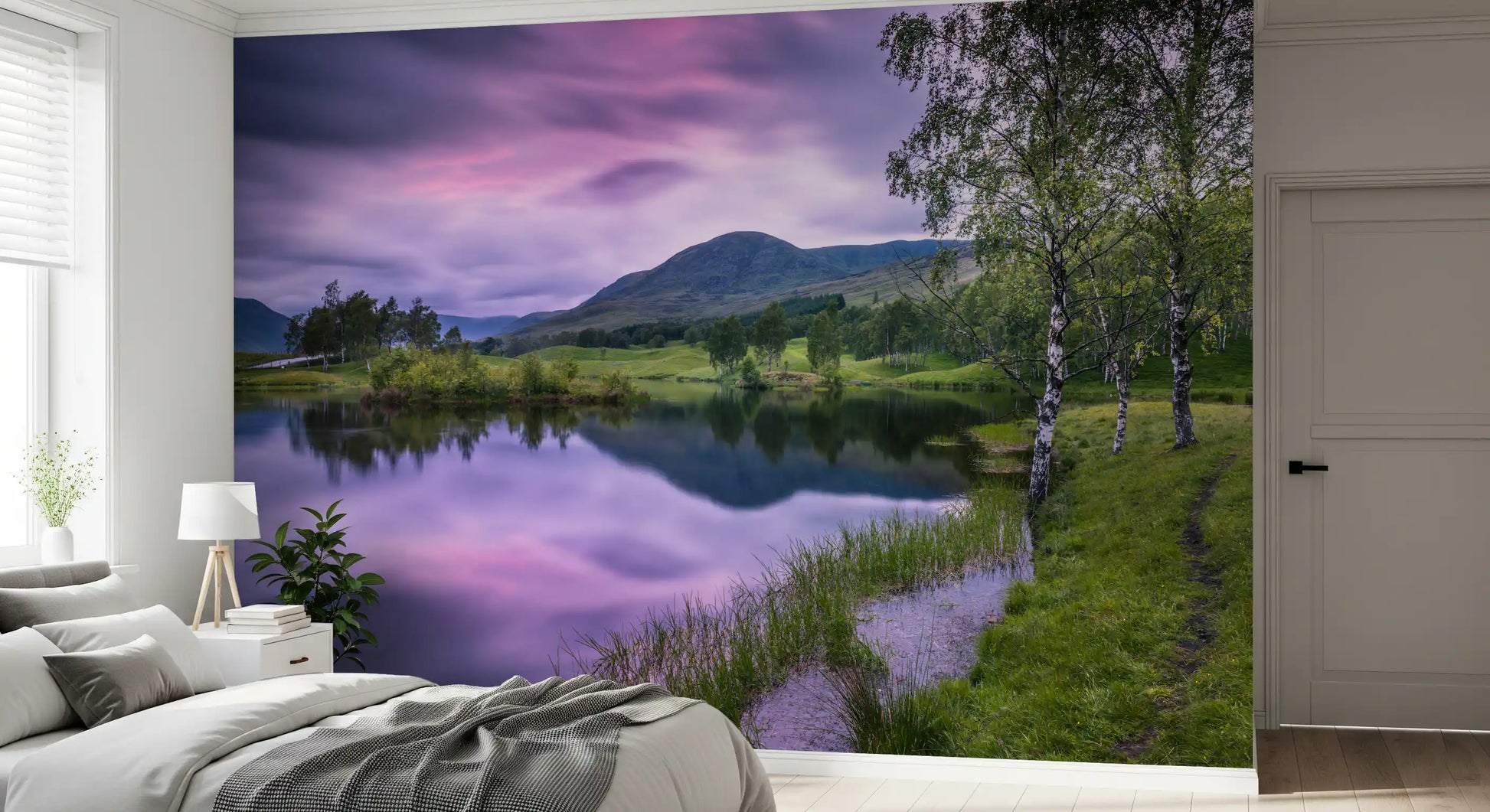 The Highland Dusk Reflection Wall Mural creates a scenic window in this Bedroom.