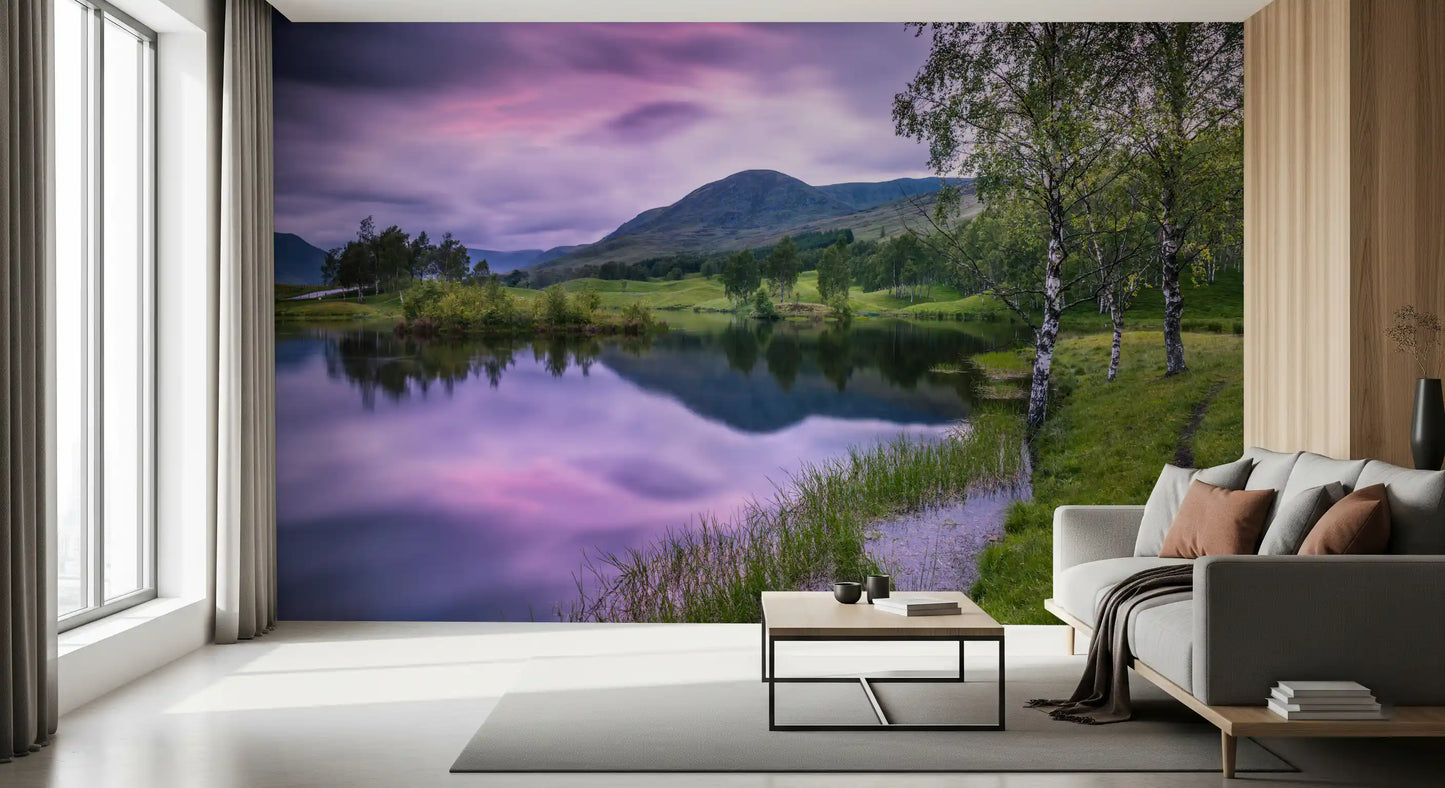 Tall birch trees lean toward the calm water in this Reflection wall mural.