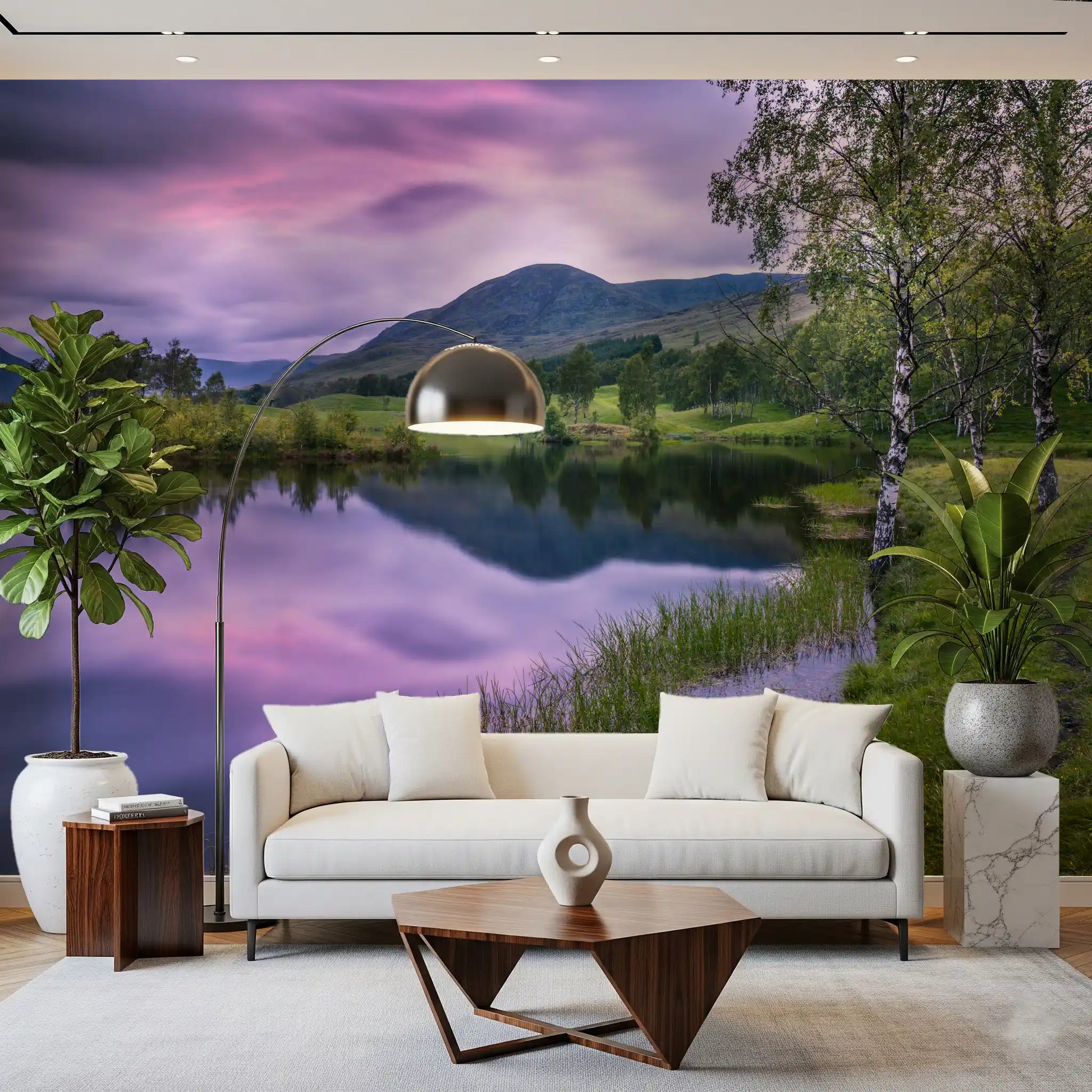 An view of appears on the Dusk Reflection Wall Mural within the lounge.