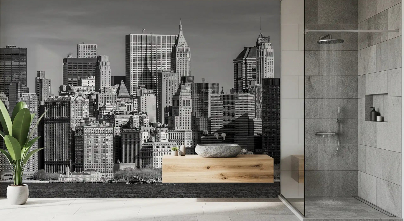 A Manhattan Monochrome Majesty wall mural fills the bathroom area.