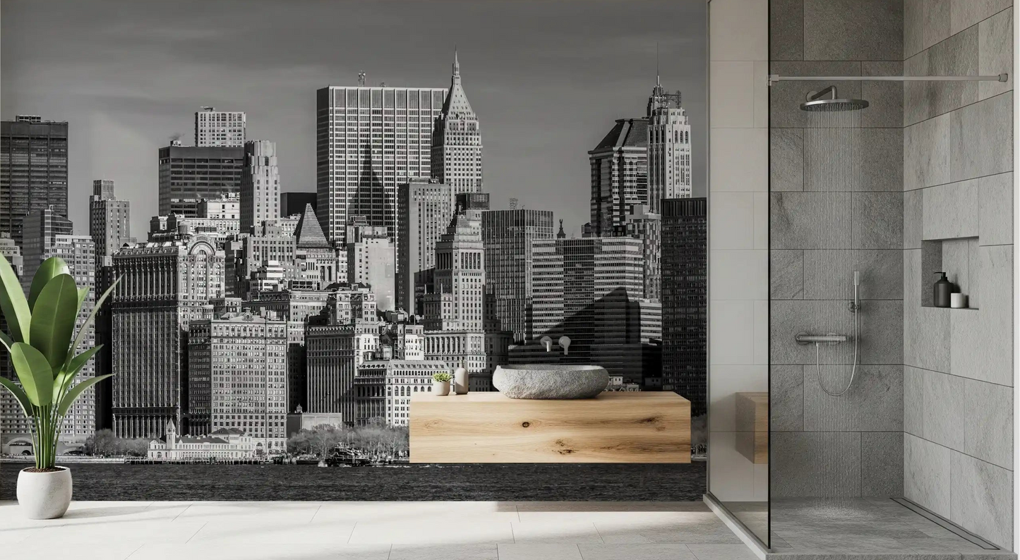 A Manhattan Monochrome Majesty wall mural fills the bathroom area.