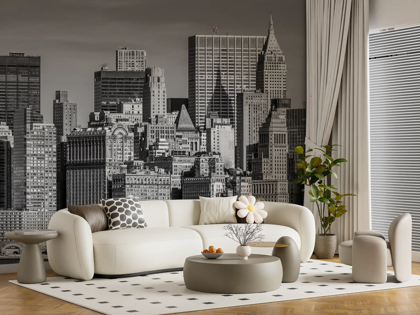Tall skyscrapers characterize the Manhattan Monochrome Majesty wall mural.