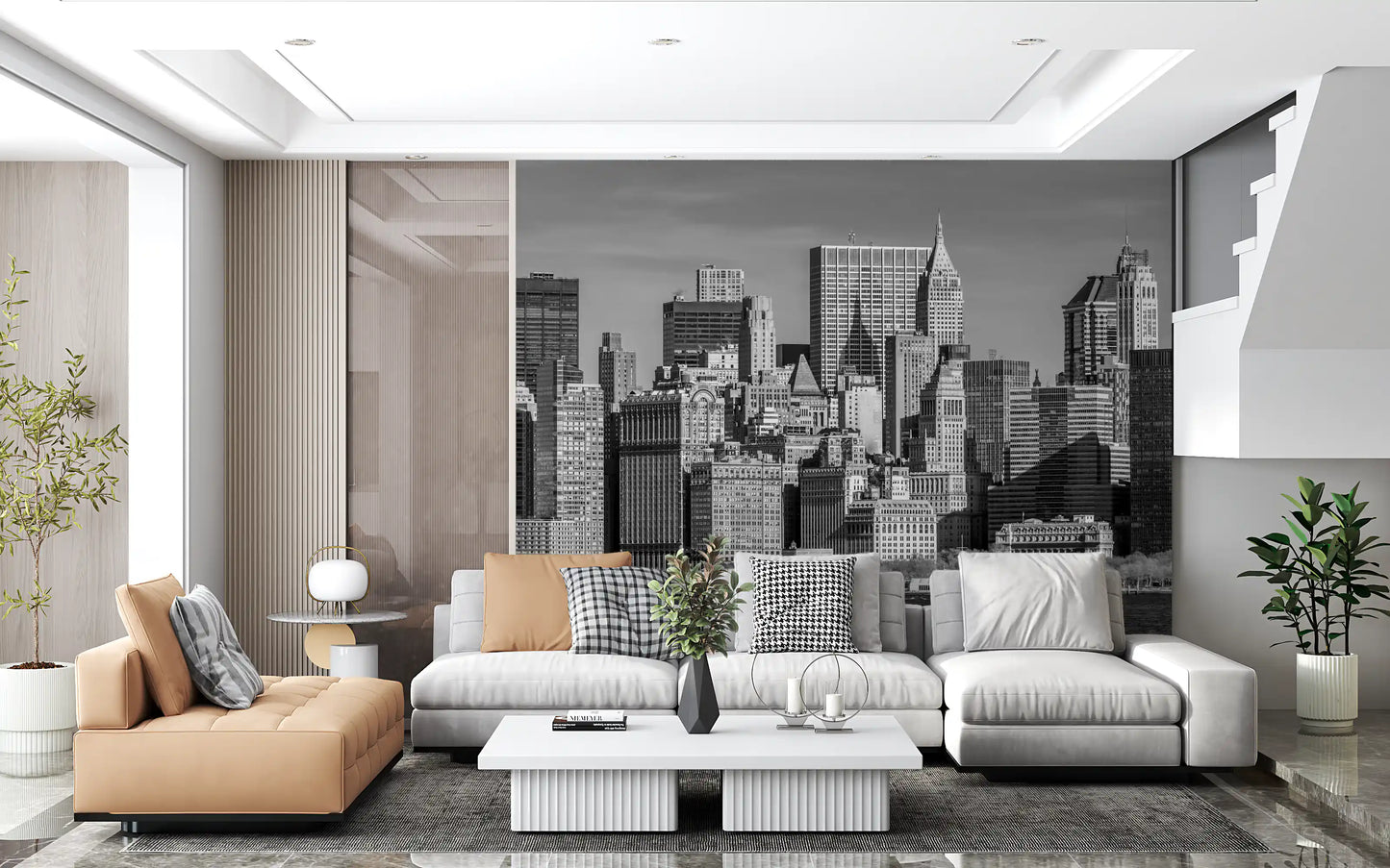 A classic Manhattan Monochrome Majesty wall mural shows city architecture.