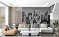 A classic Manhattan Monochrome Majesty wall mural shows city architecture.
